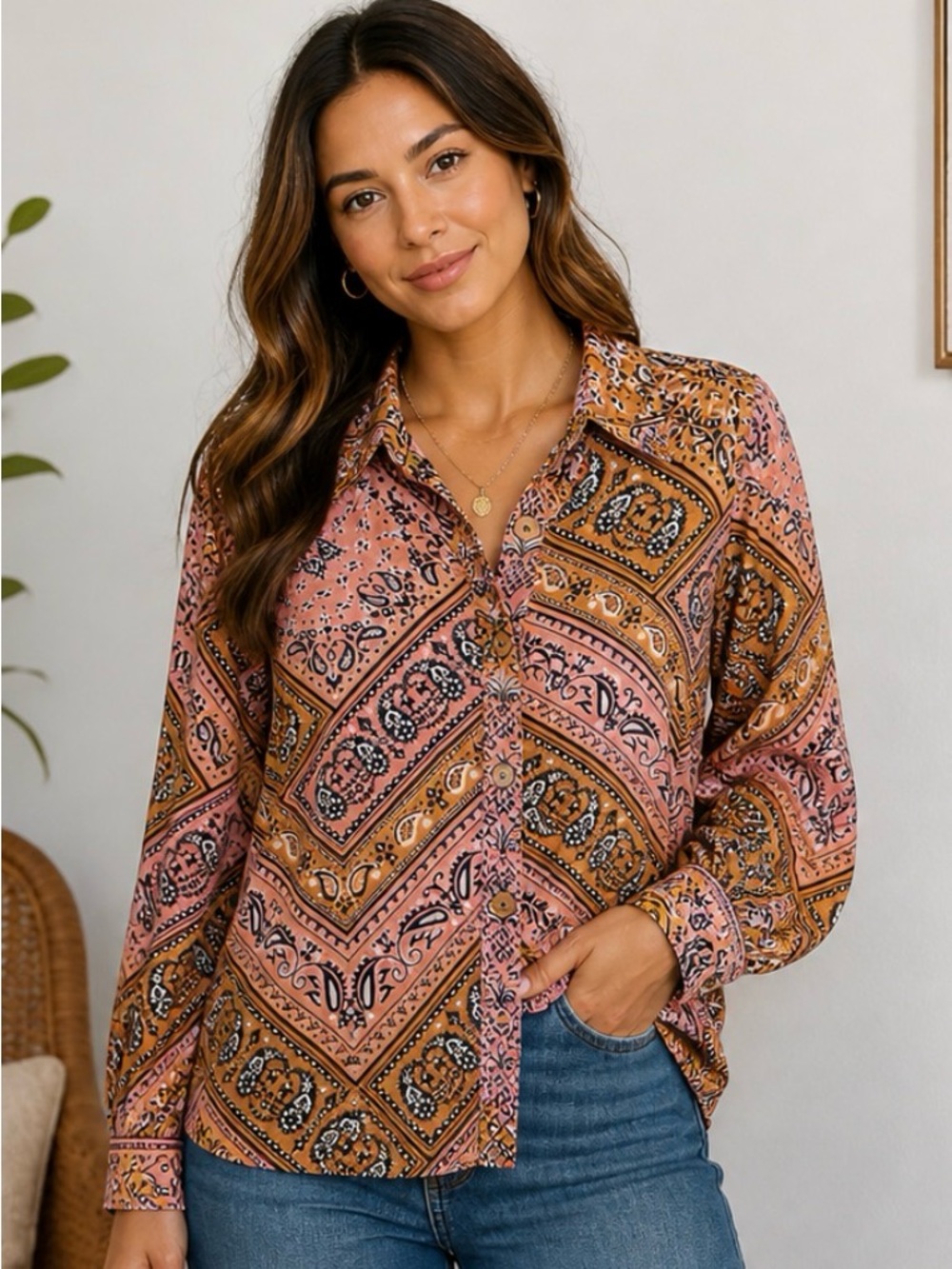 Farm Rio x Anthropologie Button Down Blouse Small Pink Mustard Patch Size S